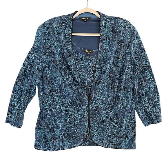ONYX Nite Twin Set Sapphire Teal Blue Glitter Cardigan Formal Bridal Women's XL - Picture 1 of 12